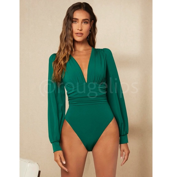 Green Elegant V neck Bodysuit Long Bishop Sleeves Stretchy Ruched Waist - Picture 6 of 8
